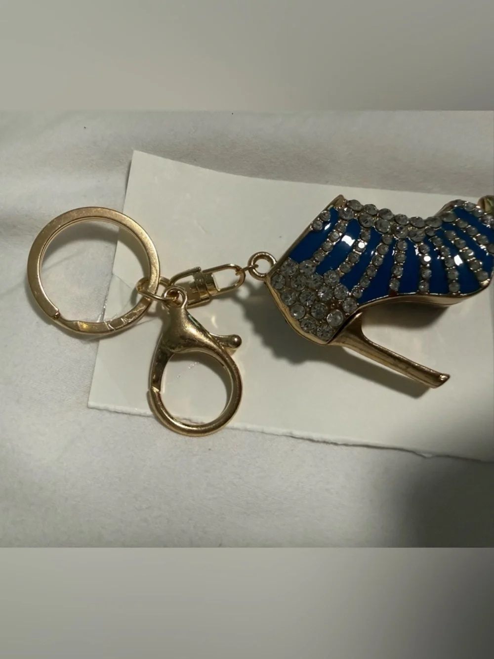 Keychain/Bag Charm Gold tone accents on a a blue heel shoe with rhinestones!